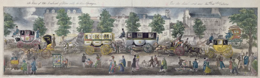 Vue des boulevards de Paris avec les nouvelles voitures, 1828 (gravure en couleur)