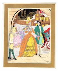 Carte de Noël française pochoir colorée à la main représentant un valet accueillant une paire de visiteurs en tenue Régence, vers 1920