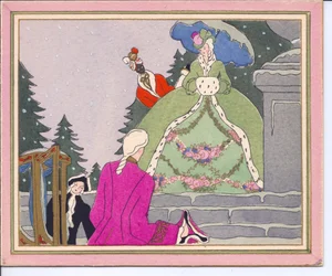 Carte de Noël française au pochoir coloriée à la main montrant un homme perruqué descendant d