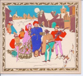 Carte de Noël française pochoir colorée à la main représentant une paire de ménestrels de rue élisabéthains divertissant un seigneur et une dame, tandis que leur page tient une lanterne, vers 1920