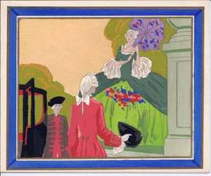 Carte de vœux française en pochoir, coloriée à la main, représentant un homme à perruque et un valet de pied attendant qu
