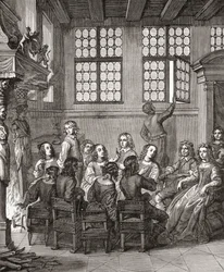 Une fête chez le duc de Newcastle, frontispice de Natures Pictures par Margaret, duchesse de Newcastle, 1656, extrait de A Short History of the English People par J. R. Green, publié en 1893