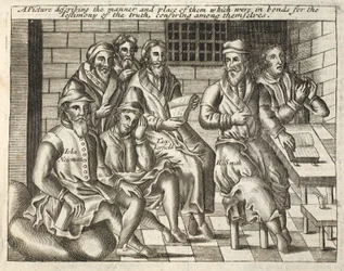 Image décrivant la manière et le lieu de ceux qui étaient enchaînés pour le témoignage de la vérité, se conférant entre eux, illustration des Actes et Monuments de John Foxe, neuvième édition, pub. 1684