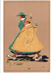 Impression de deux golfeurs dans des postures comiques et humoristiques, vers 1920