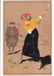 Impression de deux golfeurs dans des postures comiques et humoristiques, vers 1920