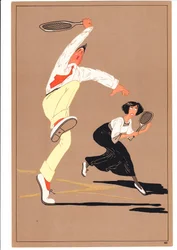 Une estampe de deux joueurs de tennis dans des postures comiques et humoristiques, vers 1920
