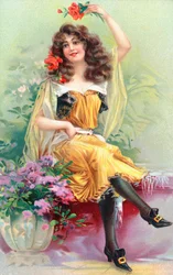 Une jeune femme assise avec des fleurs dans les cheveux