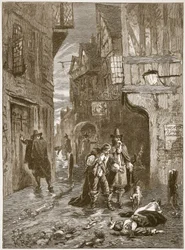 Une rue de Londres pendant la Grande Peste (illustration de Cassells Illustrated History of England)
