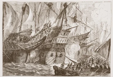 Combat entre la flotte espagnole et les navires des Gueux de mer, illustration de L