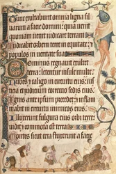Empilage de gerbes de maïs, du Psautier de Luttrell, commencé avant 1340 pour Sir Geoffrey Luttrell (1276-1345)