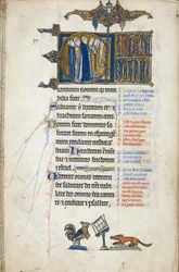 Add. 50000, f.146v Psaume 97 ; initiale "C", trois clercs à un lutrin, chantant. Au bas du folio, un coq prêchant à un renard, tiré du Psautier d