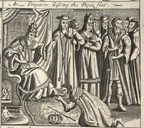 Un empereur baisant les pieds du pape, illustration des Actes et Monuments de John Foxe, neuvième édition, pub. 1684
