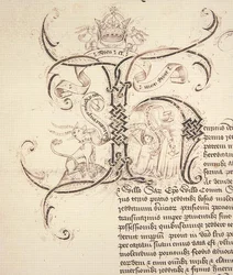 Archive 11980: Initiale décorée H de la charte royale enregistrant la concession par le roi Henri VI au New College Oxford des domaines de Newton Longville