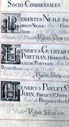 Page listant trois bienfaiteurs du New College, Oxford; Robertus Neale, Henricus Gulislmus Portman et Henricus Pawlet St. John