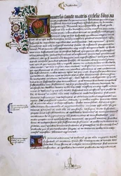 Page de texte avec initiale illuminée, du Livre des Fondations de Robert Sherborne ou Shirburn (c.1450-1536) Évêque de Chichester