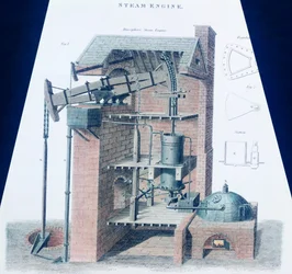 Machine à vapeur atmosphérique (gravure en couleur)