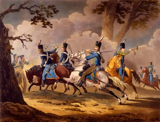 Infanterie autrichienne défendant leur artillerie contre les hussards prussiens, de la série Actions de cavalerie des alliés pendant les campagnes napoléoniennes, publiée 1799-1802