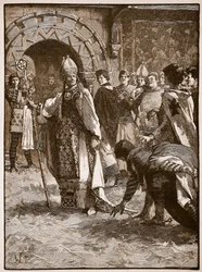 Becket devant ses ennemis dans la salle du conseil à Northampton, illustration de Cassells Illustrated History of England