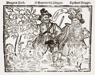 Tous les mendiants : Beggars Bush, un mendiant errant et un mendiant galant, page de titre de The Praise, Antiquity and Commodity of Beggary, Beggars and Begging