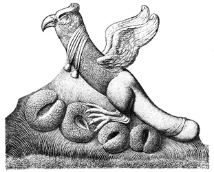 Oiseau aux ailes déployées et à la queue phallique assis sur quatre œufs, sculpture gallo-romaine provenant de Nîmes en France