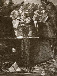 Garçons de Boston déguisés en Indiens jetant les caisses de thé dans le port, illustration tirée de "Cassell