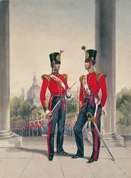 Officiers britanniques en Inde (gravure en couleur)