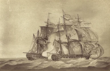 Frégate britannique HMS Santa Margarita, commandée par le capitaine Thomas Byam Martin, capturant la frégate française Tamise, juin 1796 (lithographie)