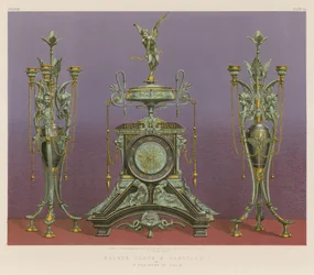 Horloge et chandelier en bronze par M Marchand de Paris (chromolitho)