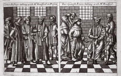 Certains évêques parlant avec M. Bradford en prison, et deux frères espagnols parlant avec M. Bradford, illustration des Actes et Monuments de John Foxe, neuvième édition, pub. 1684