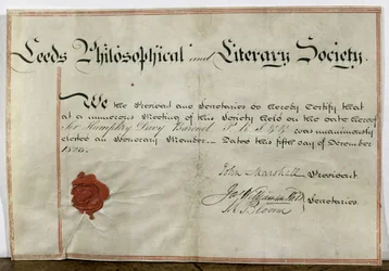 Certificat de membre honoraire pour Sir Humphry Davy (1778-1829) à la Société philosophique et littéraire de Leeds, 5 décembre 1823