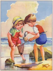 Enfants pêchant dans un bassin de rochers au bord de la mer (lithographie couleur)