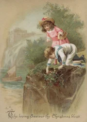 Enfants cueillant des fleurs sur une rive, carte de Noël