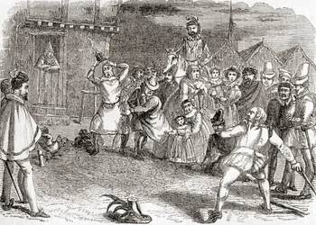 Lancer de coq, alias cock-shying ou lancer sur des coqs, tirée de Old England: A Pictorial Museum, pub. 1847