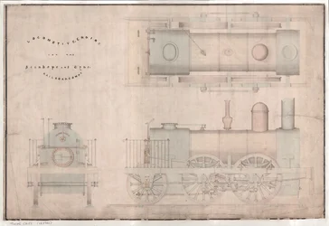 Dessin de construction, locomotive 0-4-2 et tender par R. et W. Hawthorn and Co. pour la Stanhope and Tyne Railway Co