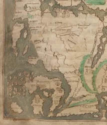 Cotton Tiberius B.V, Partie 1, f.56v La carte de Tiberius, Mappa Mundi, détail de l