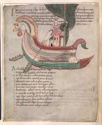 Cotton Tiberius B. V, Partie 1, f.40v, Un navire, avec une tour et une tête de serpent