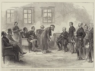 Chypre, Sir Garnet Wolseley tenant une réception au Konak, Nicosie, lors du festival turc de Bairam (gravure)