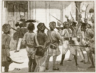 De Kantzow défendant le Trésor à Mynpooree, illustration de Cassells Illustrated History of England