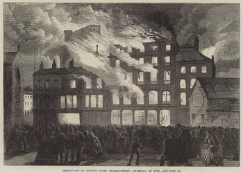 Destruction de Compton House, Church-Street, Liverpool, par le feu (gravure)