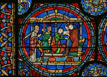 (détail) de la fenêtre du Miracle : Audrey de Canterbury prenant de l