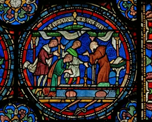 (détail) de la fenêtre du Miracle : Henry le Fou de Fordwich remerciant après sa guérison