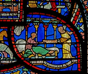 (détail) de la fenêtre du Miracle : histoire de Richard Sunieve