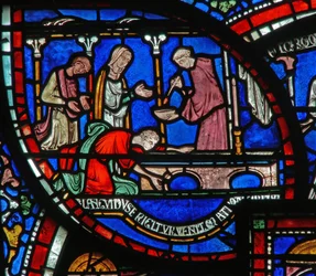 (détail) de la fenêtre du Miracle : histoire de Richard Sunieve