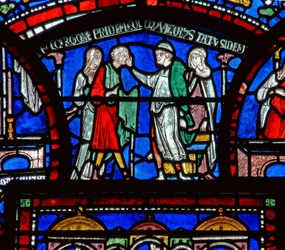 (détail) de la fenêtre du Miracle : histoire de Richard Sunieve