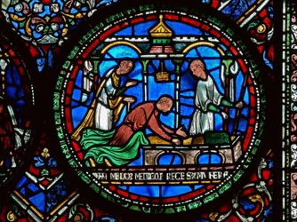 Détail de la fenêtre des Miracles représentant William Kellett et Adam Forrester