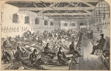 Dortoir à la prison de Coldbath Fields, illustration de The Criminal Prisons of London and Scenes from Prison Life par Henry Mayhew et John Binny, pub. 1862