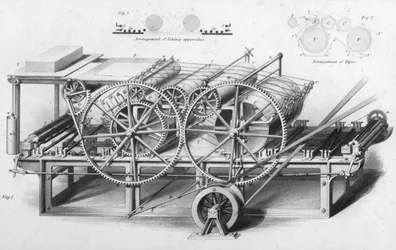 Machine à imprimer à double cylindre, de Cyclopaedia of Useful Arts & Manufactures, édité par Charles Tomlinson, vers 1880