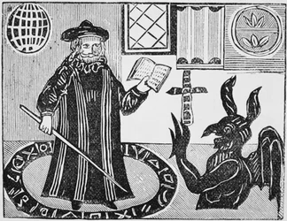 Dr Faustus dans un cercle magique, frontispice de la traduction de Dr Faustus par Gents, publié en 1648
