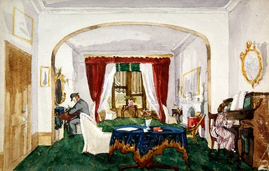 Intérieur de salon, femme au piano, homme avec chapeau melon écrivant, vers 1850