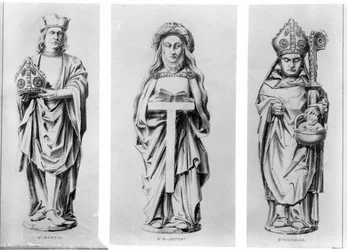 Dessins des Saints Martin, Wilgefort et Nicolas de leurs statues dans la Chapelle Henry VII, Abbaye de Westminster
